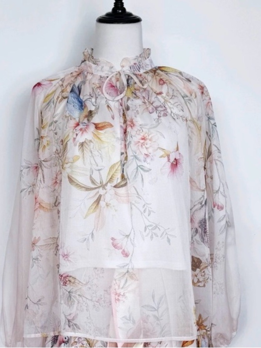 Sheer Floral Tie-Neck Blouse in Soft Pastels